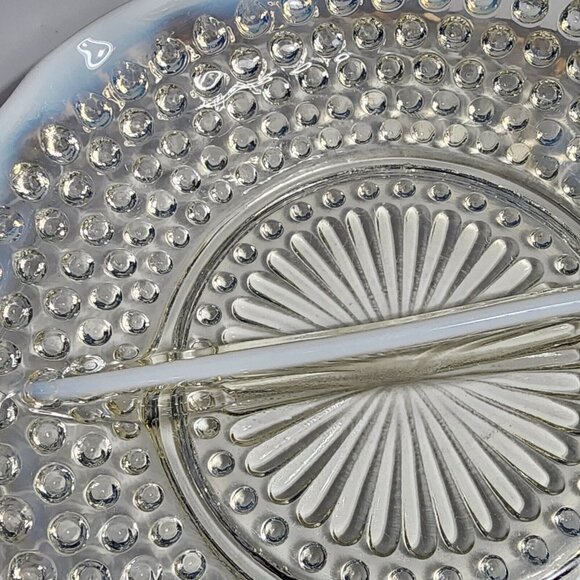 Moonstone Pattern Glass Ruffled Divided Relish with Opalescent Blue Hobnail VTG - Picture 4 of 6